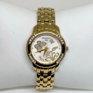 Armitron now women’s watch gold tone floral dial 30mm rhinestones quartz running